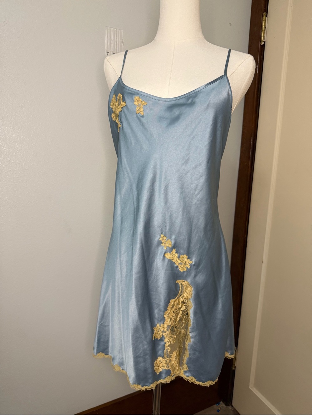 Victoria’s Secret Light Blue Satin Slip Dress with Yellow Lace Appliqué Trim L